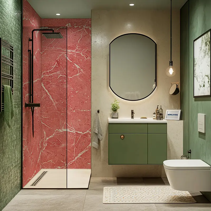 Badezimmer mit rosa Marmor-Dusche und grünem Waschtisch