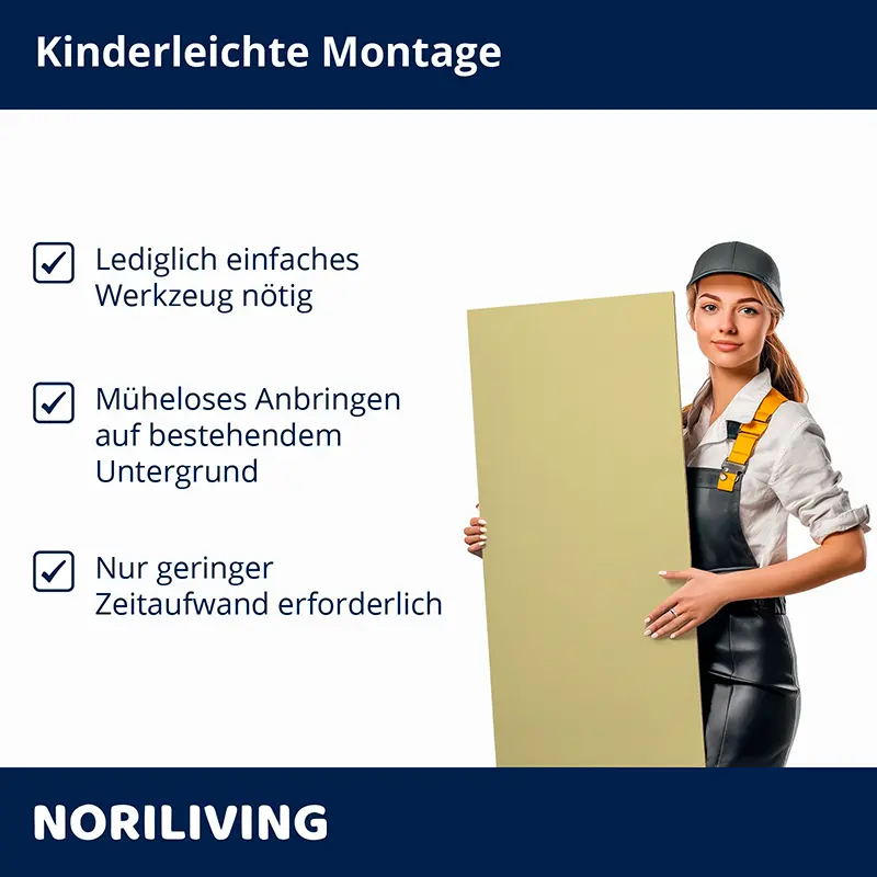Frau mit Platte zeigt kinderleichte Montage