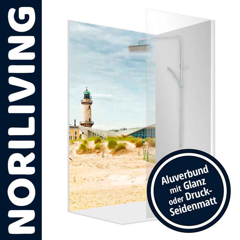Leuchtturm-Motiv auf Duschtrennwand aus Aluverbund, erhältlich in Glanz oder Druck-Seidenmatt