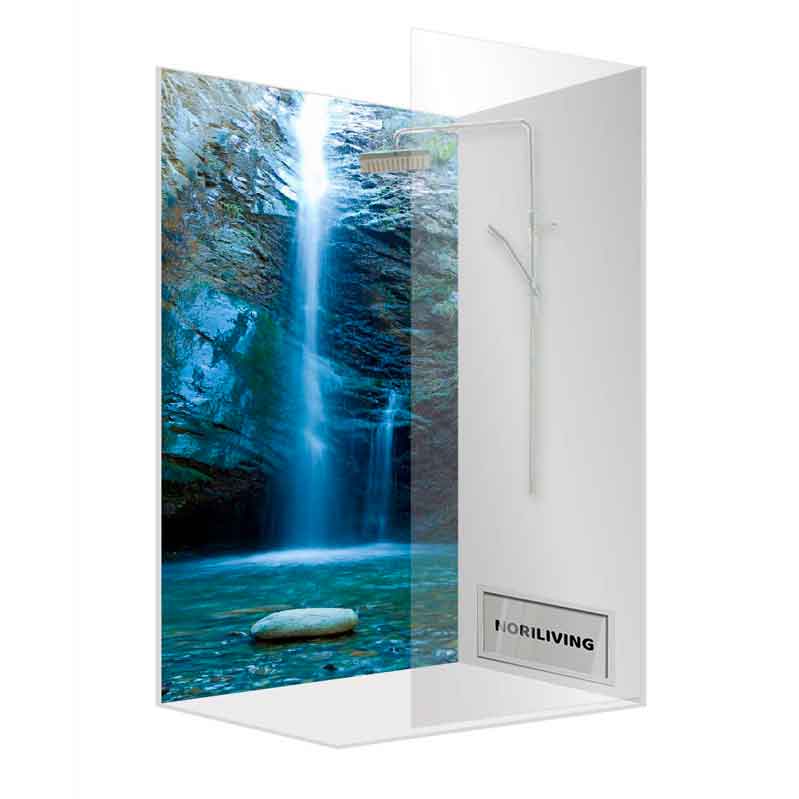 Elegante Duschkabine mit Wasserfall-Bild und zeitgemäßer Duscharmatur