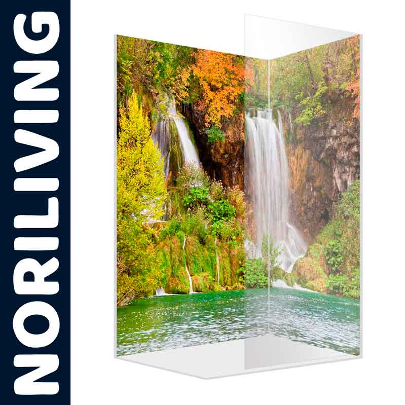 Duschwand aus Glas mit Wasserfall und herbstlicher Landschaft, Noriliving