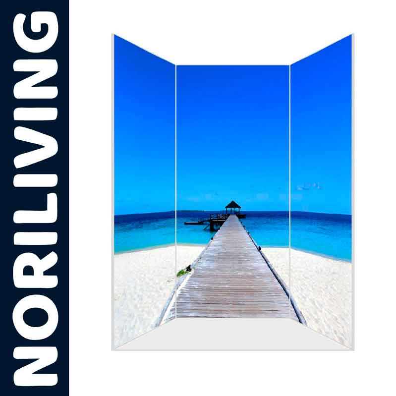 Paravent mit Strandmotiv - Entspannung pur für Ihr Zuhause Dreiteiliger Paravent mit einem Bild von einem Steg, der über weißen Sandstrand zu einer Hütte über dem Meer führt