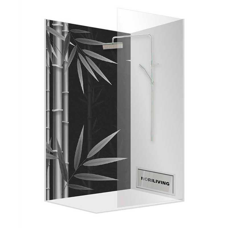 Duschkabine mit Bambusprint auf Glaselement, moderne Gestaltung mit minimalistischer Armatur.