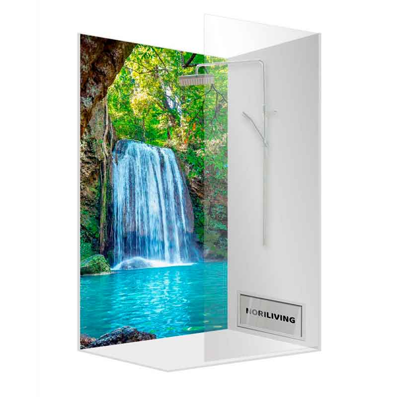 Duschrückwand mit Wasserfallbild und glasklarer Oberfläche, ideal für ein erfrischendes Ambiente im Badezimmer