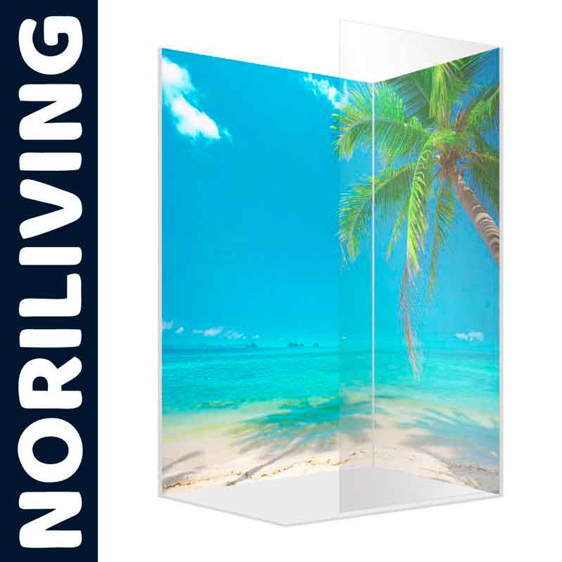 Duschwand mit tropischem Strandmotiv von NORILIVING Duschwand mit Bild eines tropischen Strandes mit Palmen, angeboten von NORILIVING