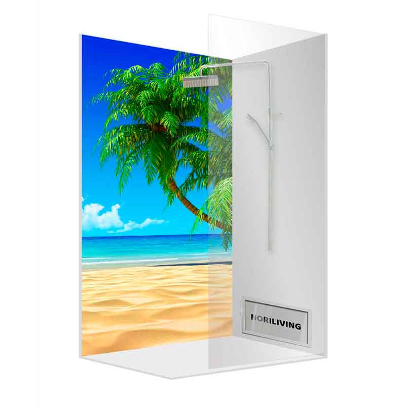 Duschwand mit tropischem Strandmotiv, Palme und Meer von Noriliving