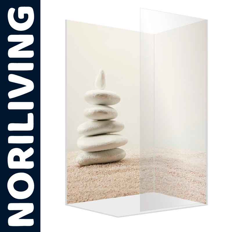 Duschabtrennung von NORILIVING mit Zen-Steinen und Sandmuster