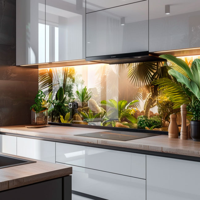 Helle moderne Küche mit weißem Schrank, Dschungelmotiven auf der Glasrückwand und Dekorationspflanzen. Elegantes Design mit natürlichen Elementen.