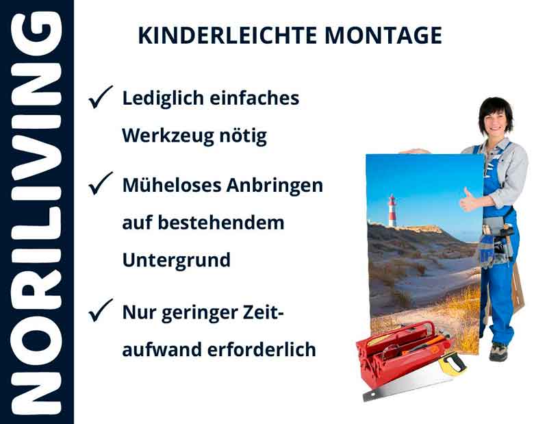 Frau mit Bild und Werkzeugkasten. Kinderleichte Montage mit minimalem Werkzeug, müheloses Anbringen auf bestehendem Untergrund und geringer Zeitaufwand.