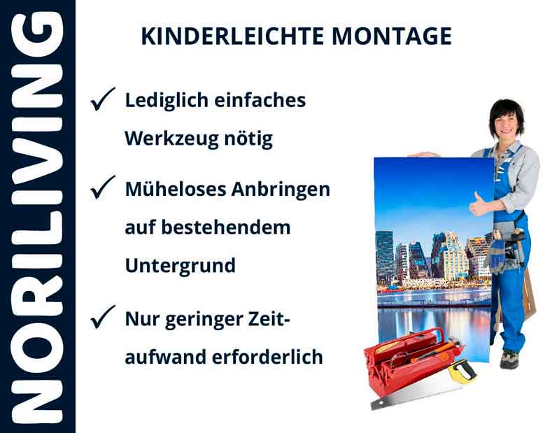 Frau präsentiert kinderleichte Montage mit Noriliving, nur einfaches Werkzeug nötig