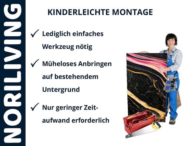 Person mit Wandpaneel, Text beschreibt einfache Montage mit minimalem Werkzeug- und Zeitaufwand