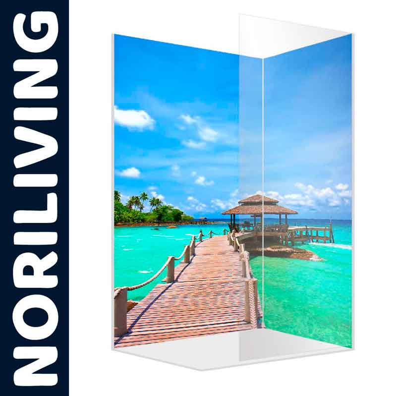 Trennwand von NORILIVING mit tropischem Strandmotiv und Holzsteg über türkisfarbenem Wasser