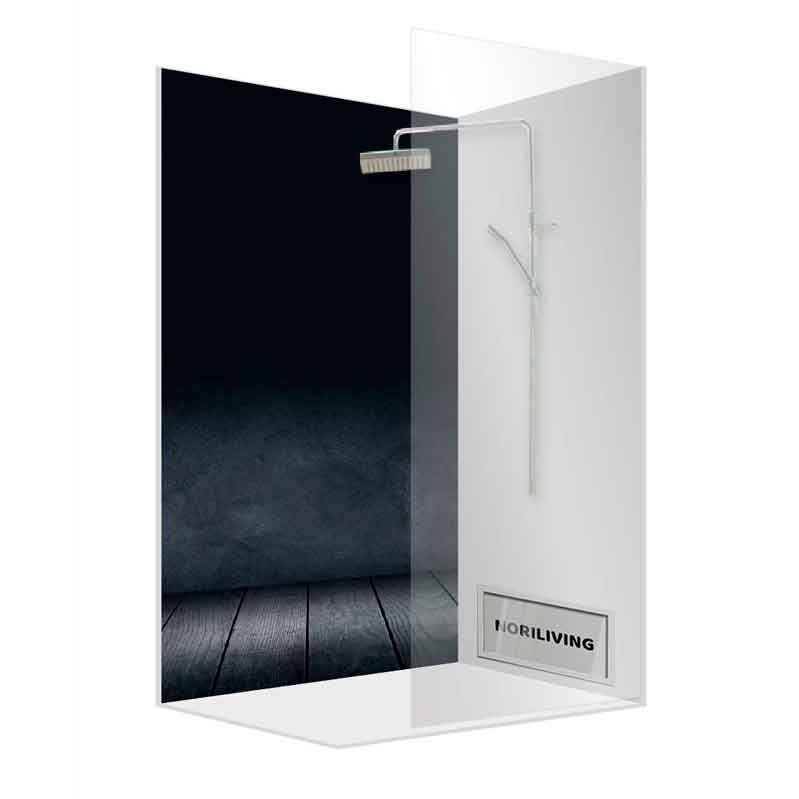 Elegante Duschkabine mit Glaswänden und stilvoller Regendusche in modernem Design, geeignet für ein luxuriöses Badezimmer.