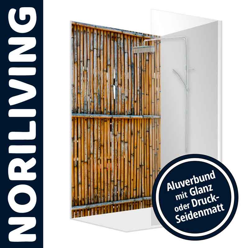 Badezimmer-Duschwand von Noriliving mit Bambusdekor und Aluverbund, erhältlich in Glanz oder Druck-Seidenmatt