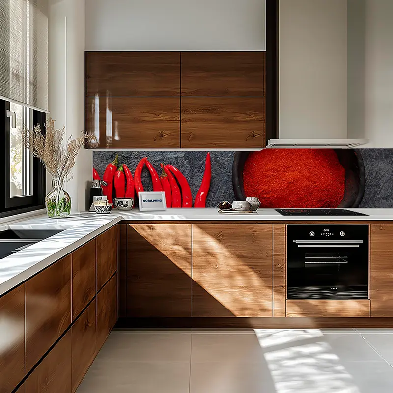 Helle Küche mit Holzschränken und rotem Chili-Motiv