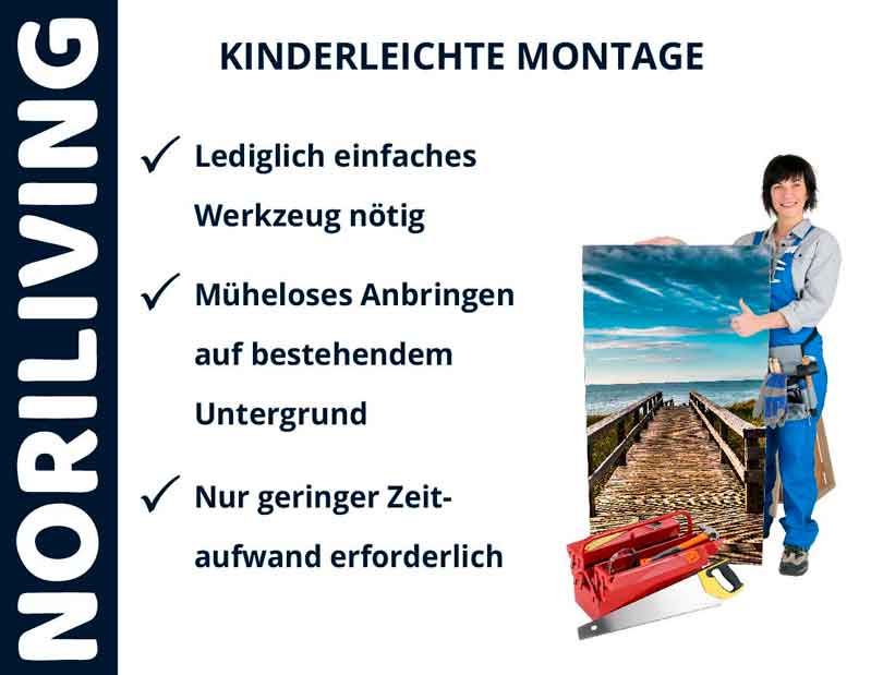 Kinderleichte Montage mit Noriliving - Einfaches Werkzeug und geringer Zeitaufwand Person zeigt eine einfache Montageanleitung von Noriliving mit Werkzeuggestell und Bild einer Holzbrücke