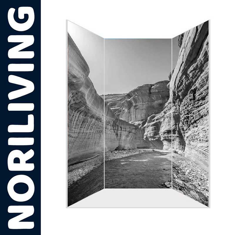 Schwarz-weißer Raumteiler mit beeindruckendem Landschaftsmotiv einer Schlucht