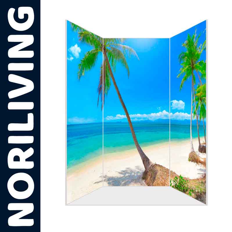 Raumteiler mit tropischem Strandmotiv von Noriliving Dekorativer Raumteiler mit Szene eines tropischen Strandes und Palmen, von Noriliving