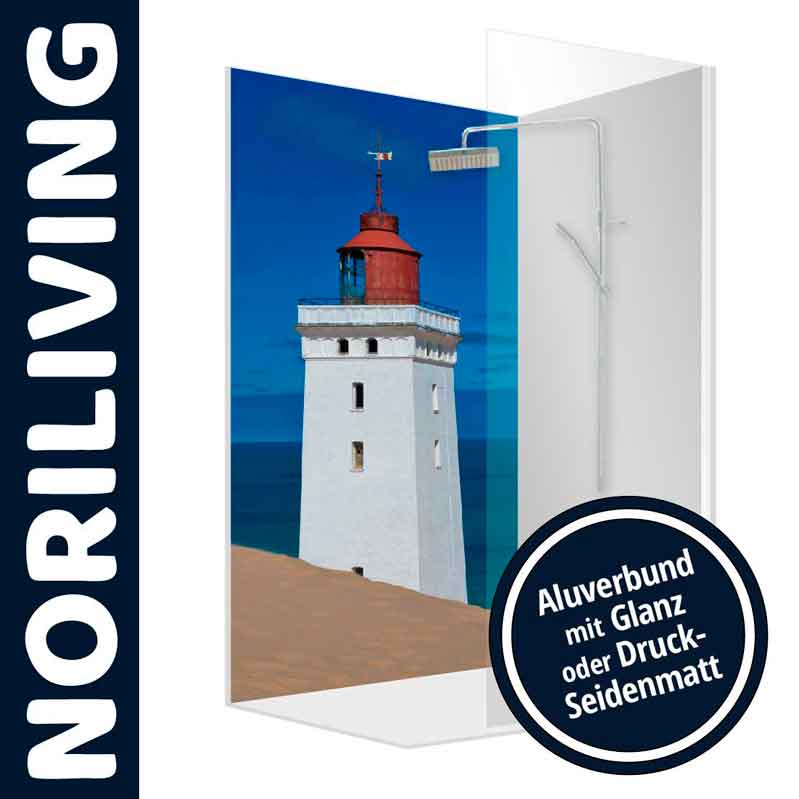 Duschtrennwand von Noriliving mit Leuchtturm-Design, Alu-Dibond, wahlweise glänzend oder matt