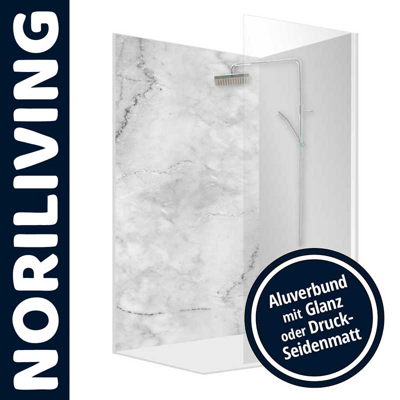 Duschpaneel in Marmoroptik von NoriLiving, aus Aluverbund mit Glanz oder Druck-Seidenmatt