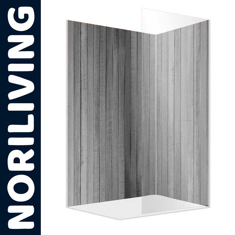 Eckdusche mit holzähnlicher Optik und transparenten Flächen von Noriliving