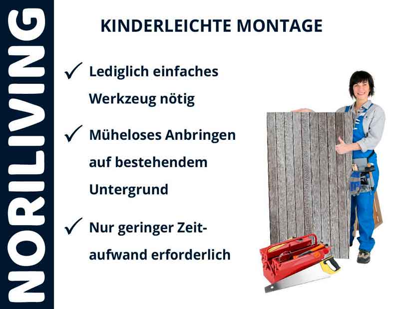 Montageanleitung für Noriliving Wandpaneele, einfaches Werkzeug benötigt, mühelose Anbringung auf bestehendem Untergrund, geringer Zeitaufwand, Handwerker mit Paneel