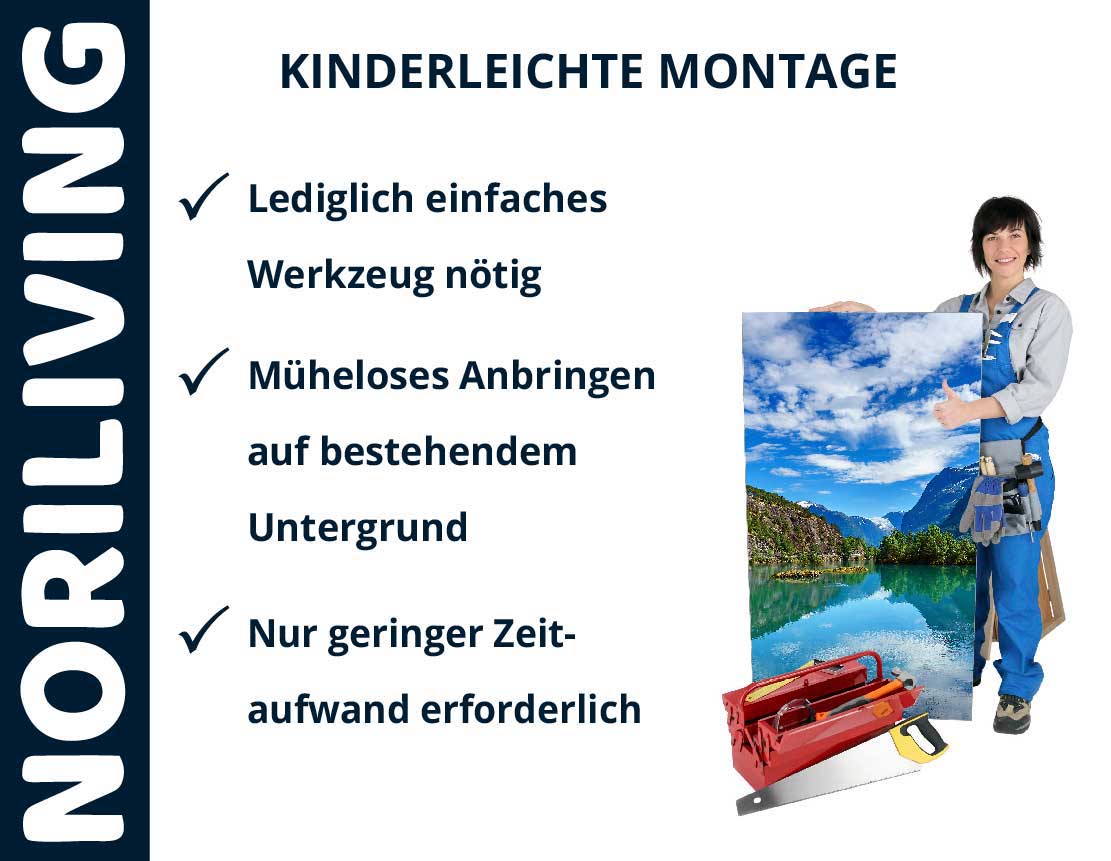 Grafik mit dem Text 'Kinderleichte Montage' und einer Person mit Werkzeug, die eine Bildmontage hält.