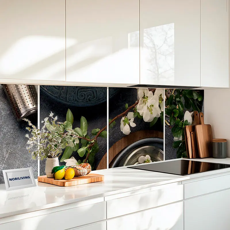 Küchenrückwand Alu Collage aus grünem Kräutertee mit Tassen und Teekanne 184