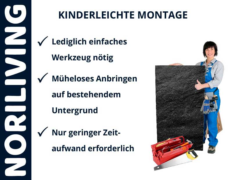 Illustration zur einfachen Montage mit minimalem Werkzeugaufwand, geeignet für bestehende Untergründe und geringen Zeitaufwand