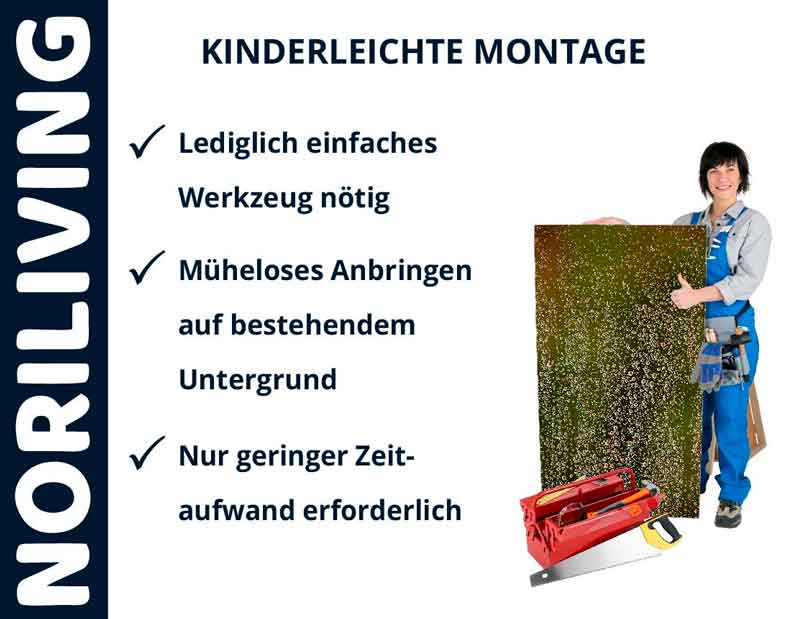 Person mit Werkzeug und Platte demonstriert kinderleichte Montage von Noriliving