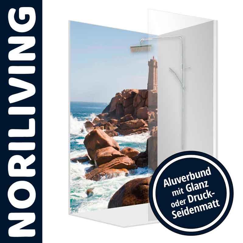 Duschwand von NORILIVING mit Küstenmotiv, erhältlich in Glanz oder Seidenmatt-Oberfläche aus Aluverbund