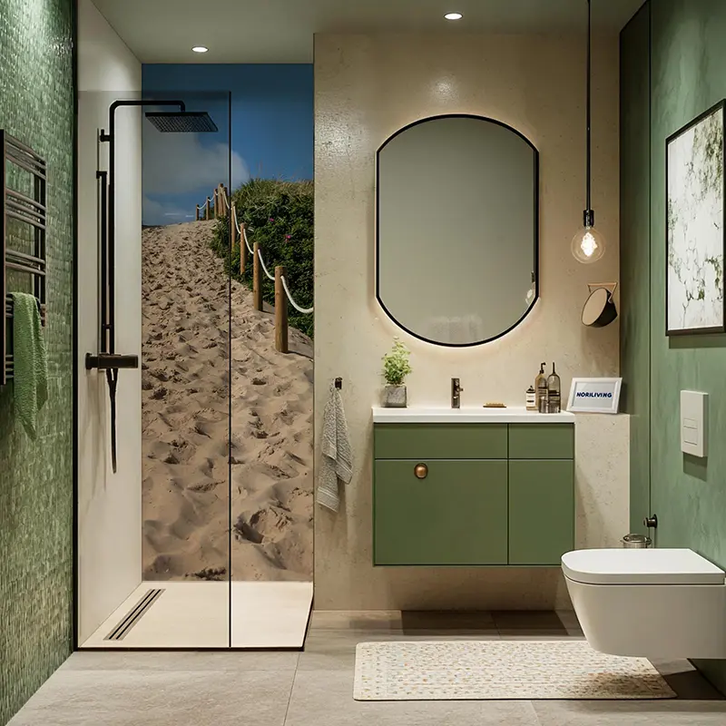 Modernes Bad mit grüner Waschtischfront und Stranddusche