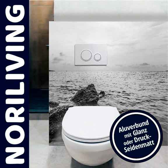 NORILIVING WC-Design mit Aluverbund und Meerblick-Motiv Moderne WC-Anlage von NORILIVING mit Aluverbund, Meerblick-Motiv und Spültaste.