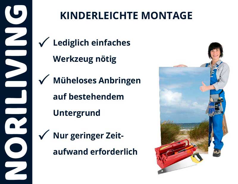 Person mit einem Bild eines Strandes vor hellem Himmel, daneben Text für einfache Montage von Wandbildern mit minimalem Aufwand, Noriliving-Logo links