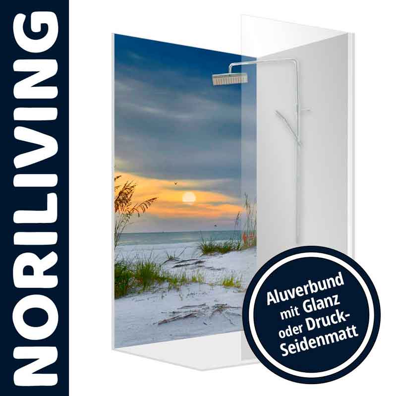 Elegant gestaltete Duschwand von NORILIVING mit Strandmotiv und Aluverbund, verfügbar in Glanz oder Druck-Seidenmatt