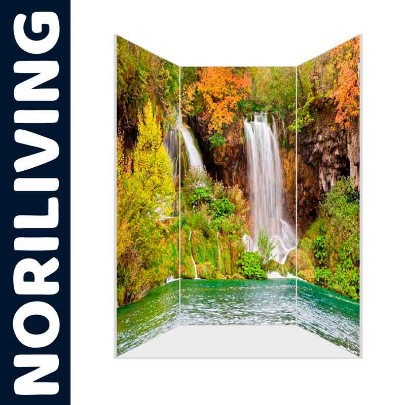 Raumteiler mit Wasserfall-Motiv und herbstlicher Landschaft, dekorativ und funktional zur Raumgestaltung