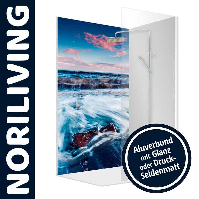 NORILIVING Duschwand mit Ozeanmotiv aus Aluverbund in Glanz oder Druck-Seidenmatt Duschwand von NORILIVING mit farbigem Ozeanmotiv und Option für Glanz oder Druck-Seidenmatt Oberfläche