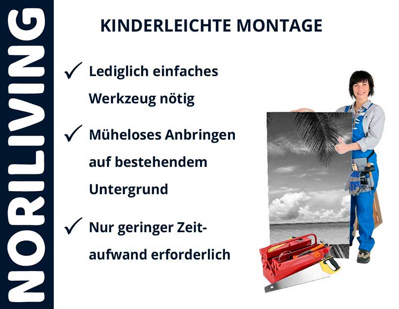 Werbung für NORILIVING mit Person, die einfach zu montierende Wanddeko präsentiert