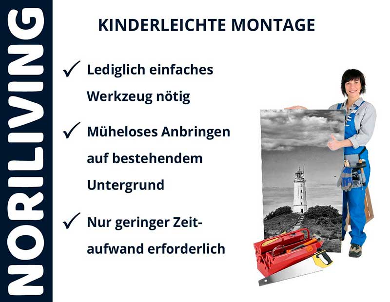 Werbung für Noriliving Montagesystem, zeigt Werkzeuge und einfache Montageanweisungen