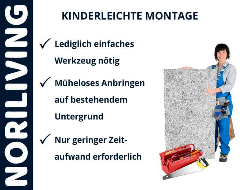 Einfache Montage von Noriliving-Produkten - wenig Werkzeug, schneller Aufbau Frau zeigt einfache Montage von Baustoff an mit minimalem Werkzeugaufwand