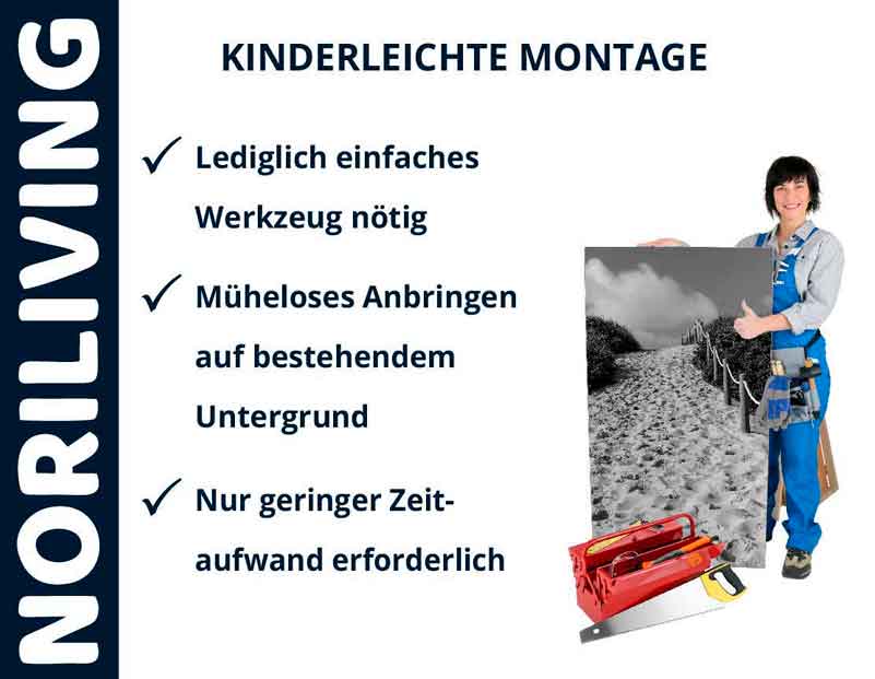 Person zeigt ein Montageset von Noriliving mit den Vorteilen: einfache Werkzeuge, mühelose Anbringung, geringer Zeitaufwand.