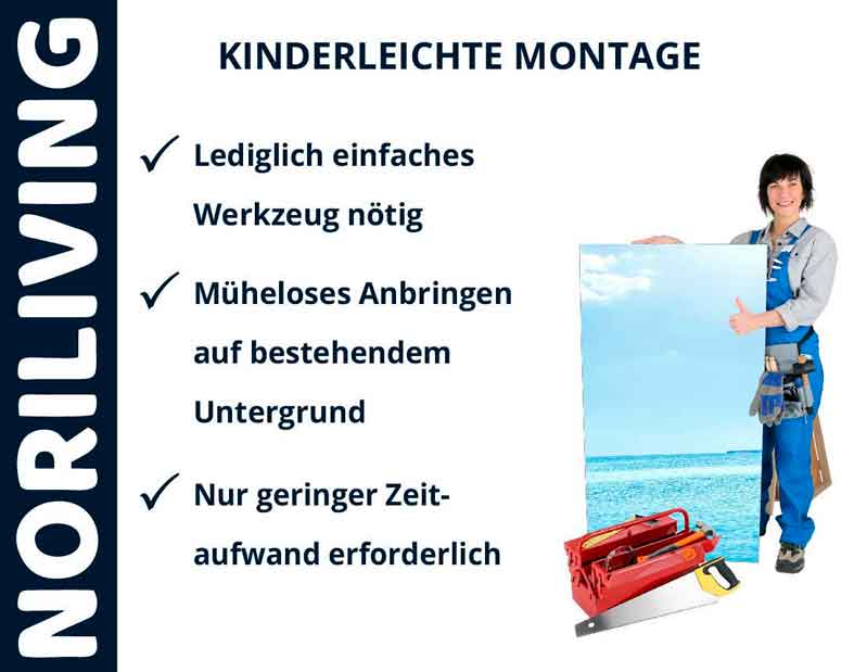 Noriliving - Einfache Montage mit minimalem Werkzeugaufwand Handwerker präsentiert ein einfach zu montierendes Produkt mit der Aufschrift 'Kinderleichte Montage', 'Lediglich einfaches Werkzeug nötig', 'Müheloses Anbringen auf bestehendem Untergrund', 'Nur geringer Zeitaufwand erforderlich'.