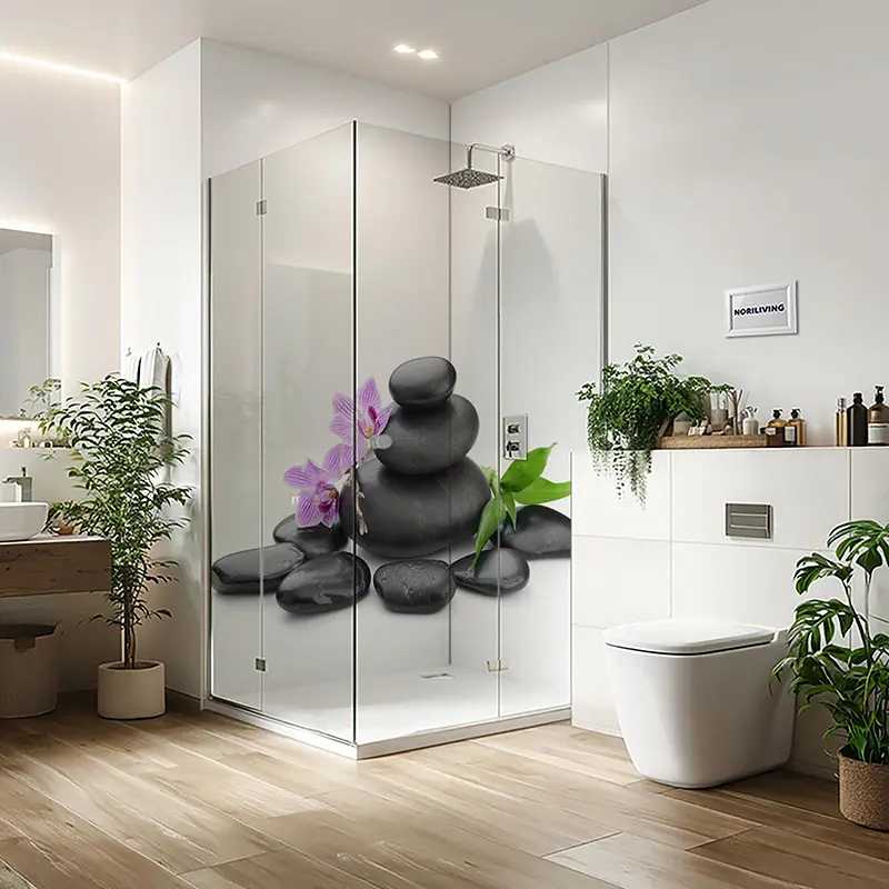 Duschrückwand Einzel | Ecke | Alu Zen Steine mit Orchideen 977