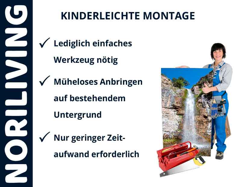 Frau mit Wasserfallbild und Werkzeugkasten, kinderleichte Montage und wenig Aufwand