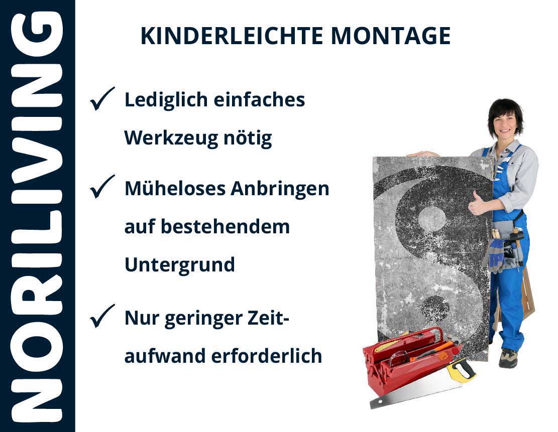 Handwerker präsentiert kinderleichte Montage mit minimalem Werkzeug. NORILIVING Produkt mit einfachem Installationsprozess auf bestehendem Untergrund.