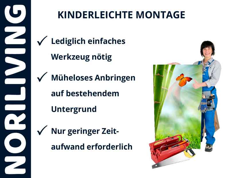 NORILIVING-Werbung: Einfache Montage mit minimalem Werkzeugaufwand und schnellen Ergebnissen, präsentiert von einer Person mit Werkzeug und Montagematerial.