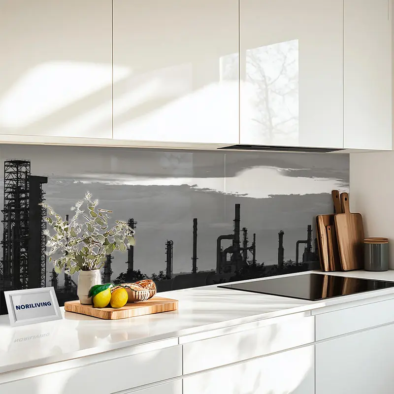 Küchenrückwand Glas Raffinerie-Silhouette bei Sonnenuntergang 369 schwarz-weiß