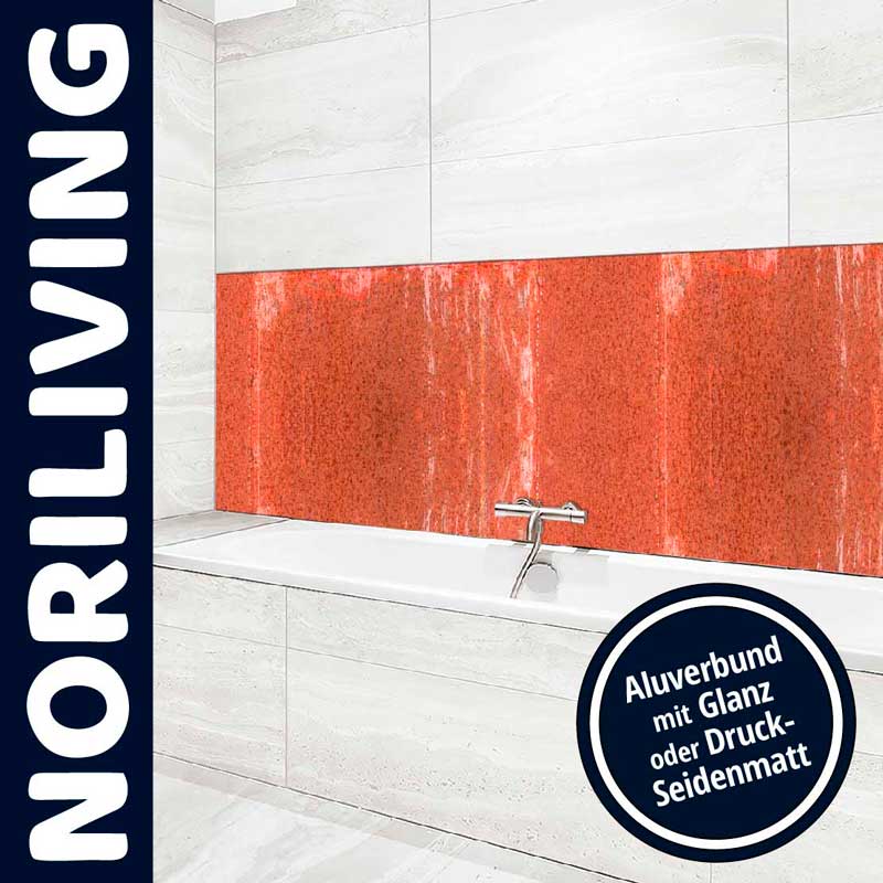 Badezimmer mit NORILIVING Aluverbund-Rückwand in rotem Design, glänzend oder seidenmatt erhältlich
