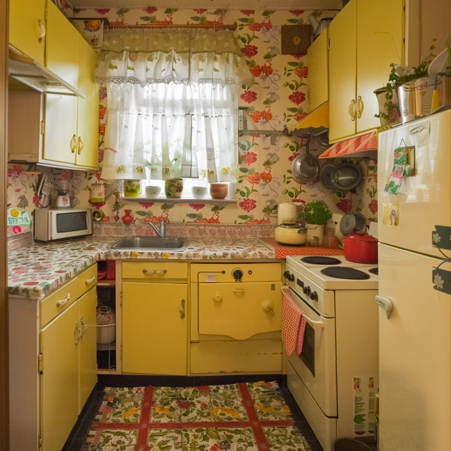 Eine gemütliche Retro-Küche mit gelben Schränken, floraler Tapete und traditionellen Küchenutensilien.