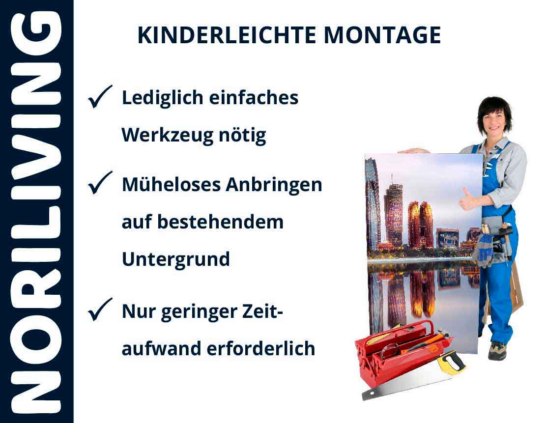 Person zeigt moderne Wanddekoration von Noriliving mit einfacher Anleitung. Perfekt für schnelles und einfaches Anbringen.
